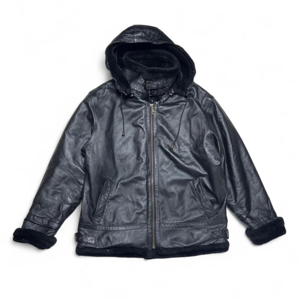 Tanners Avenue Black Leather Faux Fur Lined Hooded Bomber Jacket Coat XL